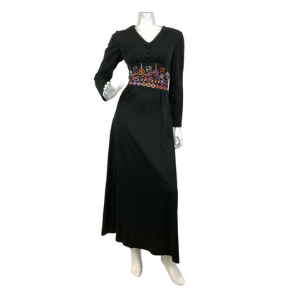 VTG 60s 70s BLACK ORANGE PURPLE GEOMETRIC EMBROIDERED BOHO MOD MAXI DRESS 10