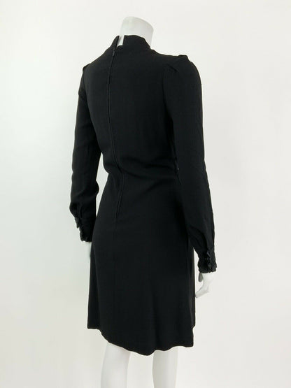 VINTAGE 60s 70s BLACK RUFFLE MANDARIN COLLAR SHORT FLARED DRESS 10