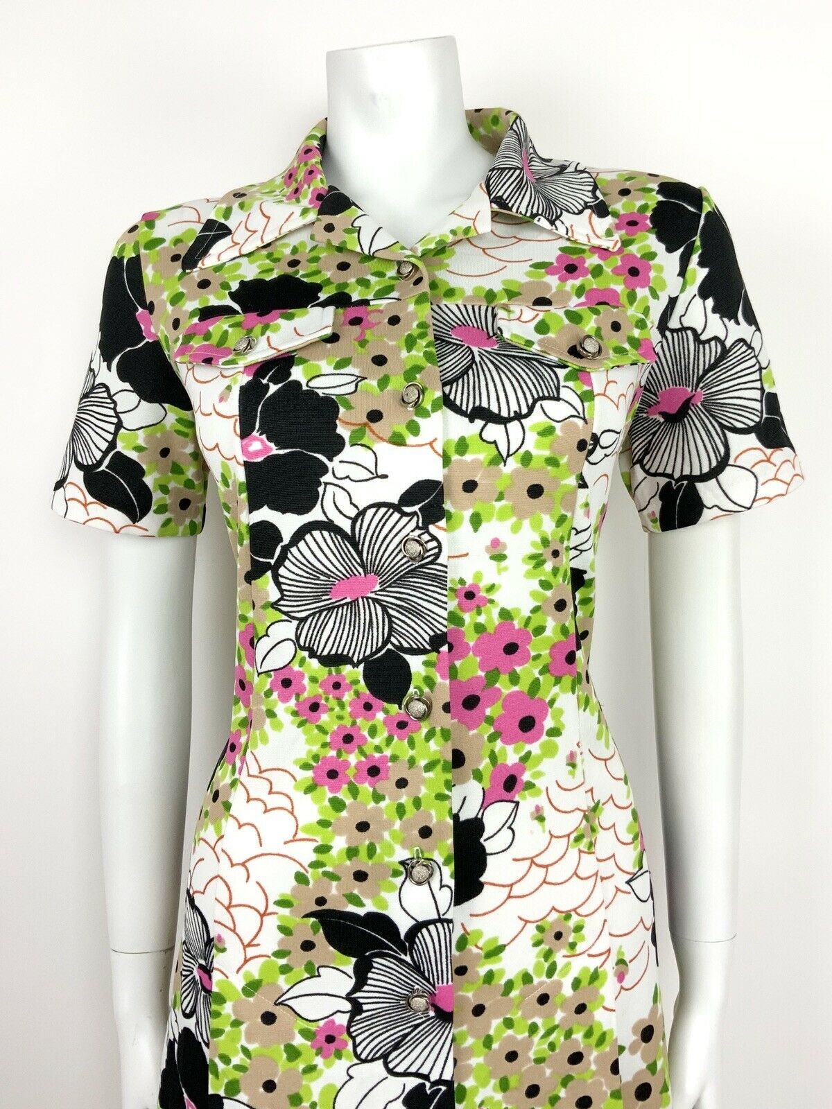 VTG 60s 70s BLACK WHITE PINK GREEN BEIGE PSYCHEDELIC FLORAL DITSY SHIRT DRESS 16