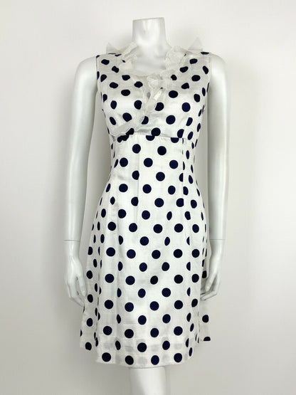 VTG 60s 70s NAVY BLUE WHITE POLKA DOT FLOUNCE RUFFLE EMPIRE MOD DRESS 10 12