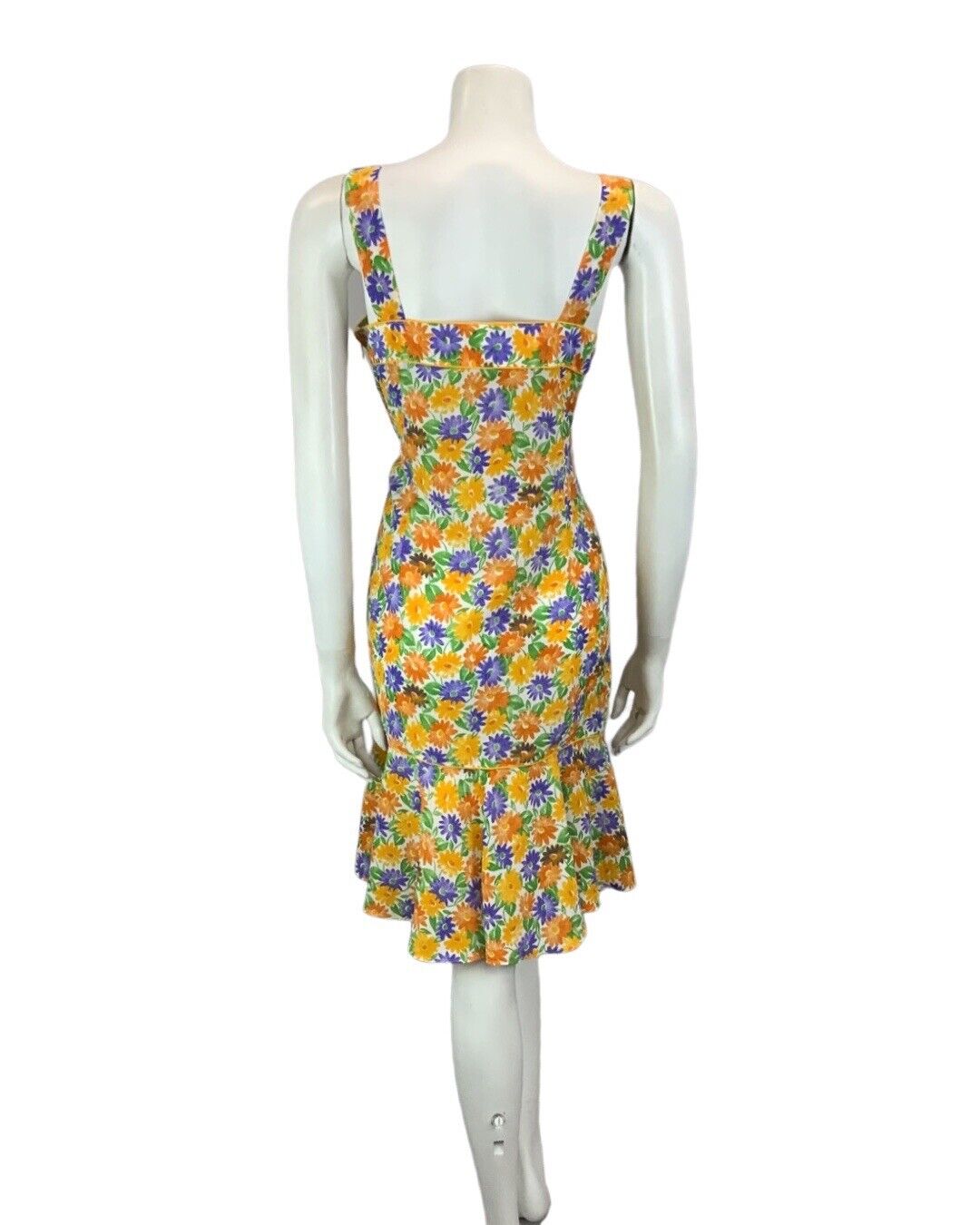 VINTAGE 60s 70s ORANGE YELLOW PURPLE GREEN FLORAL DAISY STRAPPY MIDI DRESS 12 14