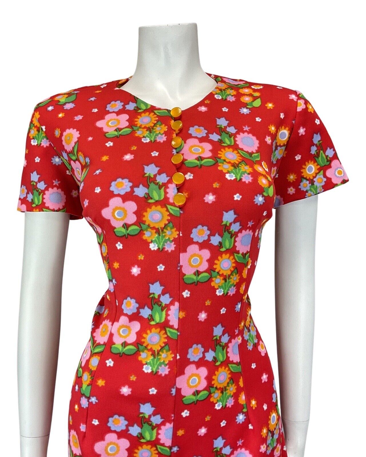 VINTAGE 60s 70s RED PINK ORANGE DAISY FLOWER POWER MOD DRESS 14 16