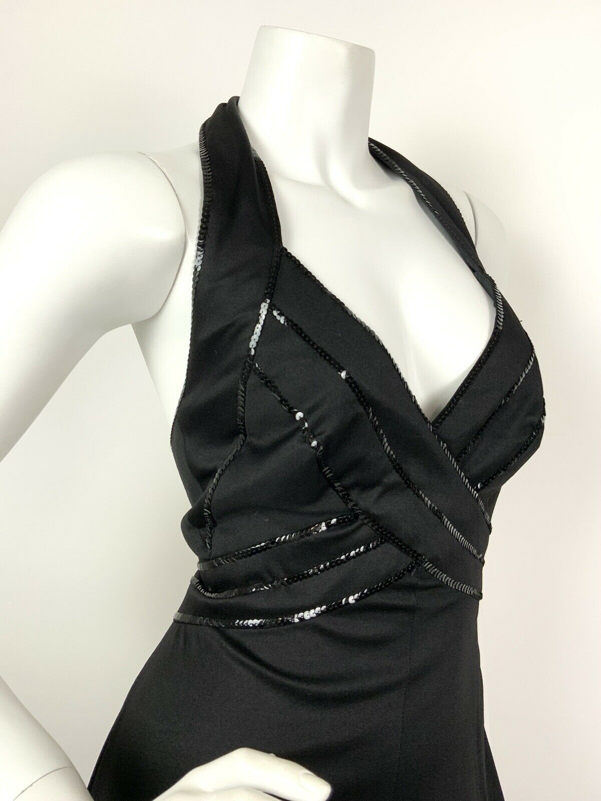 VINTAGE 60s 70s BLACK SEQUIN DISCO STUDIO 54 GLAM HALTER MAXI DRESS 10 12