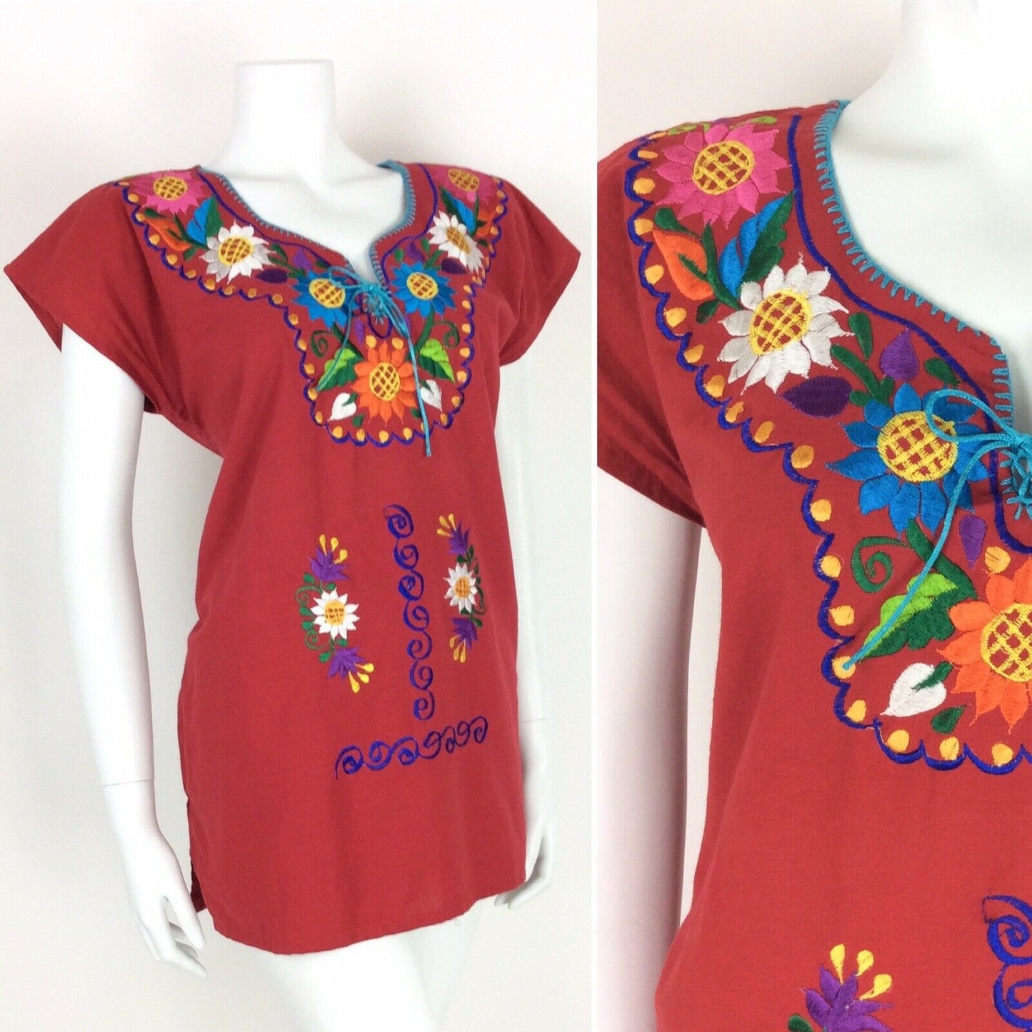 VTG 70s MEXICAN PEASANT TOP BLOUSE RED BLUE GREEN PINK FLORAL EMBROIDERY 10 12