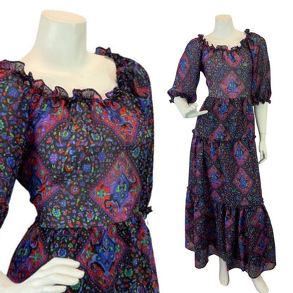 VINTAGE 60s 70s PURPLE BLACK GREEN GEOMETRIC RUFFLED SHEER MOD BOHO MAXI DRESS 8