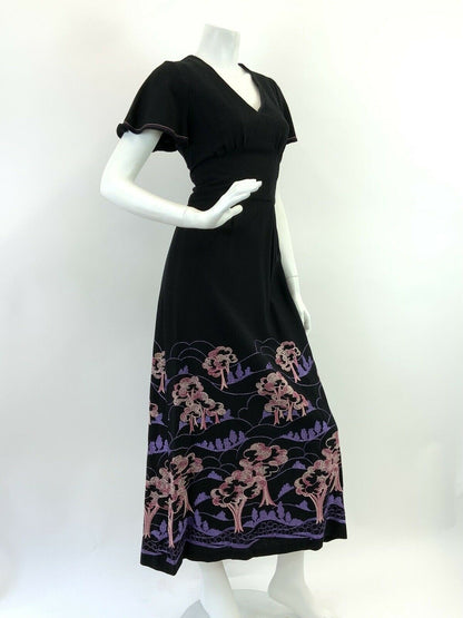 VTG 60s 70s BLACK PURPLE PINK EMBROIDERED TREE NATURE BOHO FOLK MAXI DRESS 10 12