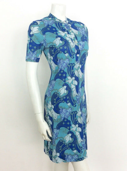 VTG 60S 70S BLUE WHITE TURQUOISE PSYCHEDELIC PRINT DRESS 10 12