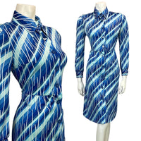 VINTAGE 60s 70s BLUE STRIPED ABSTRACT PRINT SHIRT MIDI MOD DRESS 10 12