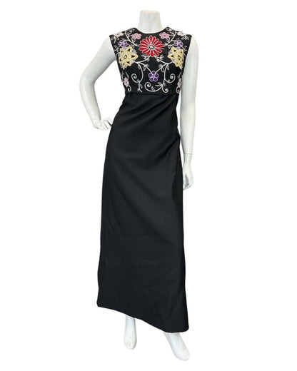 VINTAGE 60s 70s BLACK RED SILVER EMBROIDERED FLORAL SLEEVELESS MAXI DRESS 12