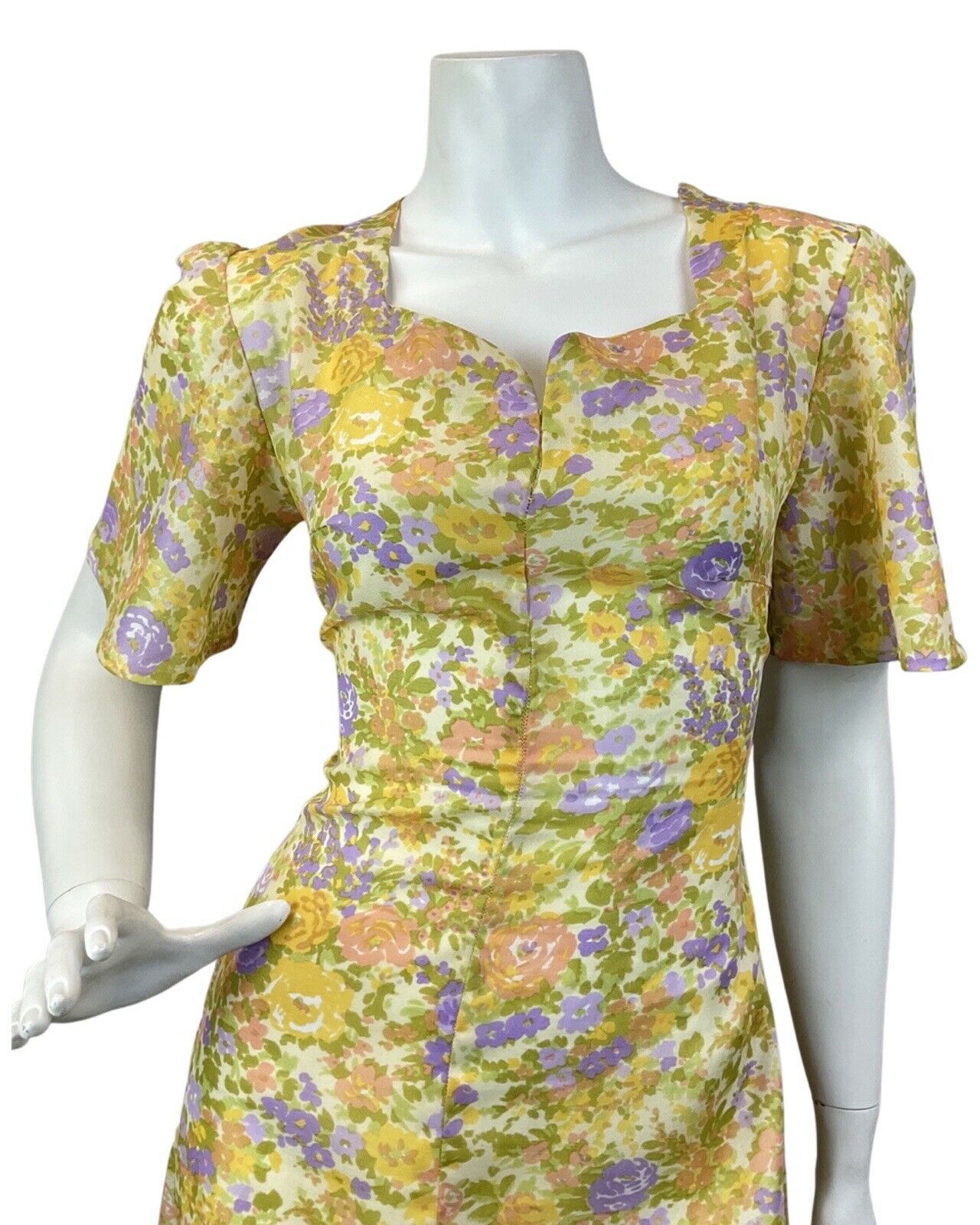 VINTAGE 60s 70s YELLOW GREEN LILAC GARDEN FLORAL DITSY SWEETHEART MAXI DRESS 10