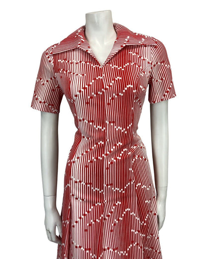 VTG 60s 70s WHITE RED STRIPED ABSTRACT PRINT DAGGAR COLLAR MIDI MOD DRESS 8 10