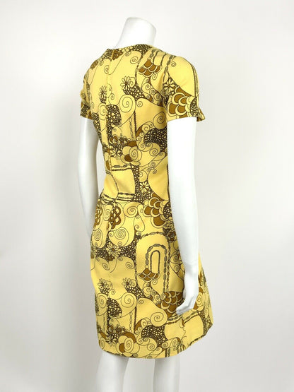 VTG 60s 70s PASTEL YELLOW BLACK BROWN ABSTRACT FLORAL SWIRL A-LINE DRESS 10 12