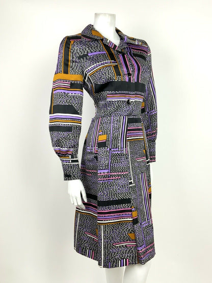 VTG 60s 70s MOD BLACK WHITE PURPLE PINK GOLD GEOMETRIC STRIPED SHIRT DRESS 14 16