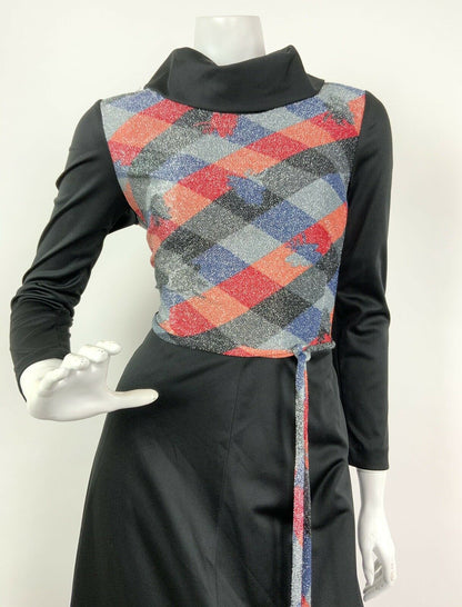 VTG 60s 70s BLACK RED ORANGE SILVER BLUE LUREX DIAMOND CHECK MAXI DRESS 10