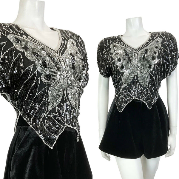 VINTAGE 70s BLACK SILVER SEQUIN BEADED BUTTERFLY DISCO STUDIO 54 GLAM TOP 10