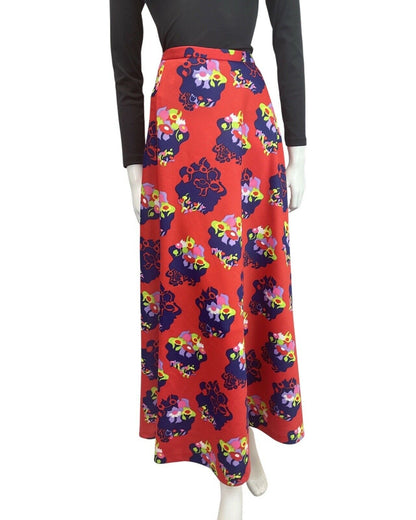 VINTAGE 60s 70s RED BLUE GREEN FLORAL ABSTRACT MOD MAXI SKIRT 10 12