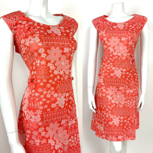 VTG 60s 70s ABSTRACT FLORAL CORAL ORANGE PINK WHITE A-LINE DRESS 16 18