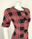 VINTAGE 60s 70s BLACK RED GEOMETRIC PLAID CHECKED FITTED WIGGLE DRESS 8 10
