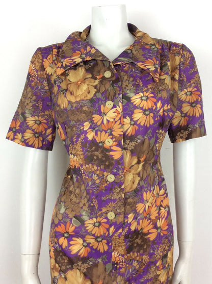 60S 70S VINTAGE BROWN PURPLE ORANGE FLORAL ABSTRACT SHIRT DRESS 14 16