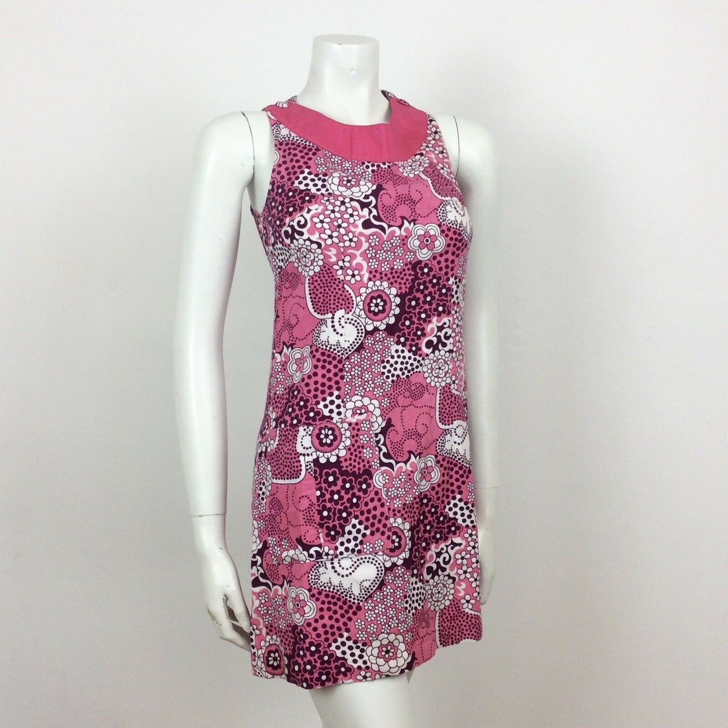 VINTAGE 60S COTTON PINK PURPLE PSYCHEDELIC FLORAL MINI DRESS  8 10