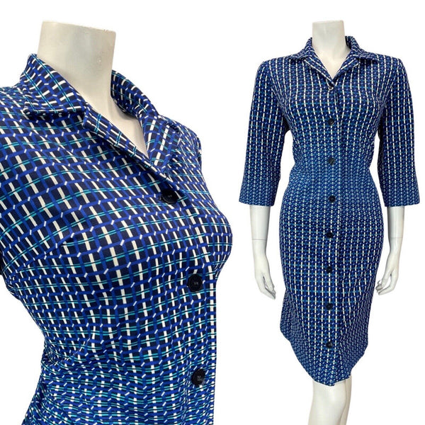 VINTAGE 60s 70s NAVY BLUE WHITE BLACK GRID CHECKED MOD SHIRT DRESS 16