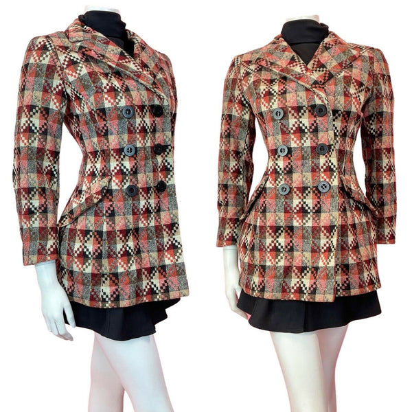 VTG 70s STYLE RED WHITE BROWN GEOMETRIC CHECKED MOD DOUBLE-BREASTED JACKET 10