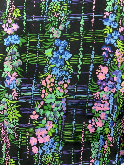 VTG 60s 70s BLACK BLUE PINK GREEN FLORAL PSYCHEDELIC PLEATED SHIRT DRESS 10 12