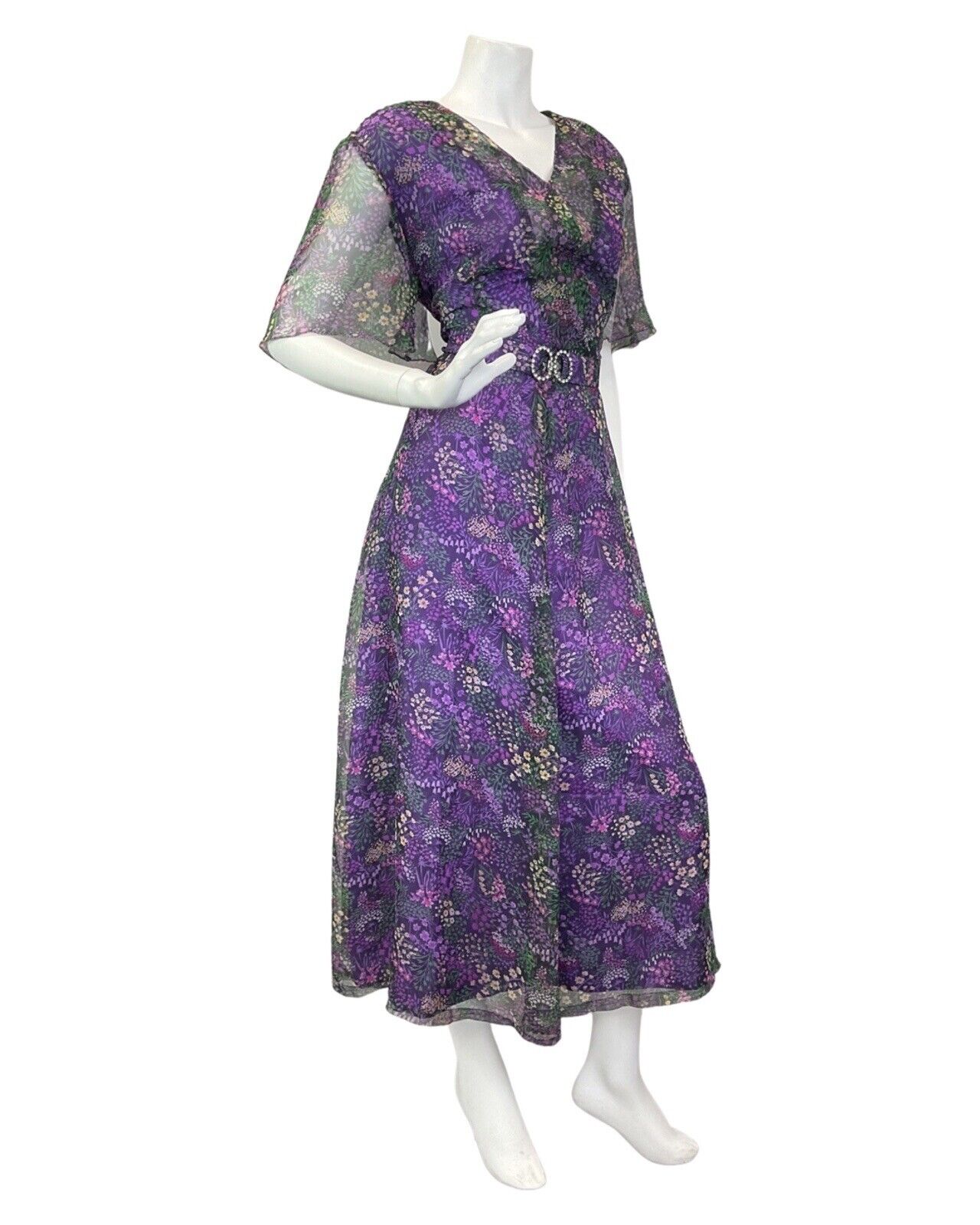 VINTAGE 60s 70s PURPLE BLACK GREEN FLORAL DITSY SHEER BELTED MAXI DRESS 16