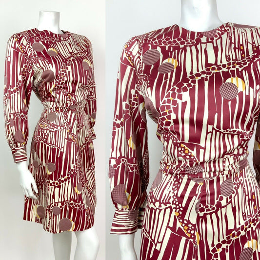 VINTAGE 60s 70s CHERRY RED WHITE GOLD GEOMETRIC PSYCHEDELIC DRESS 12 14