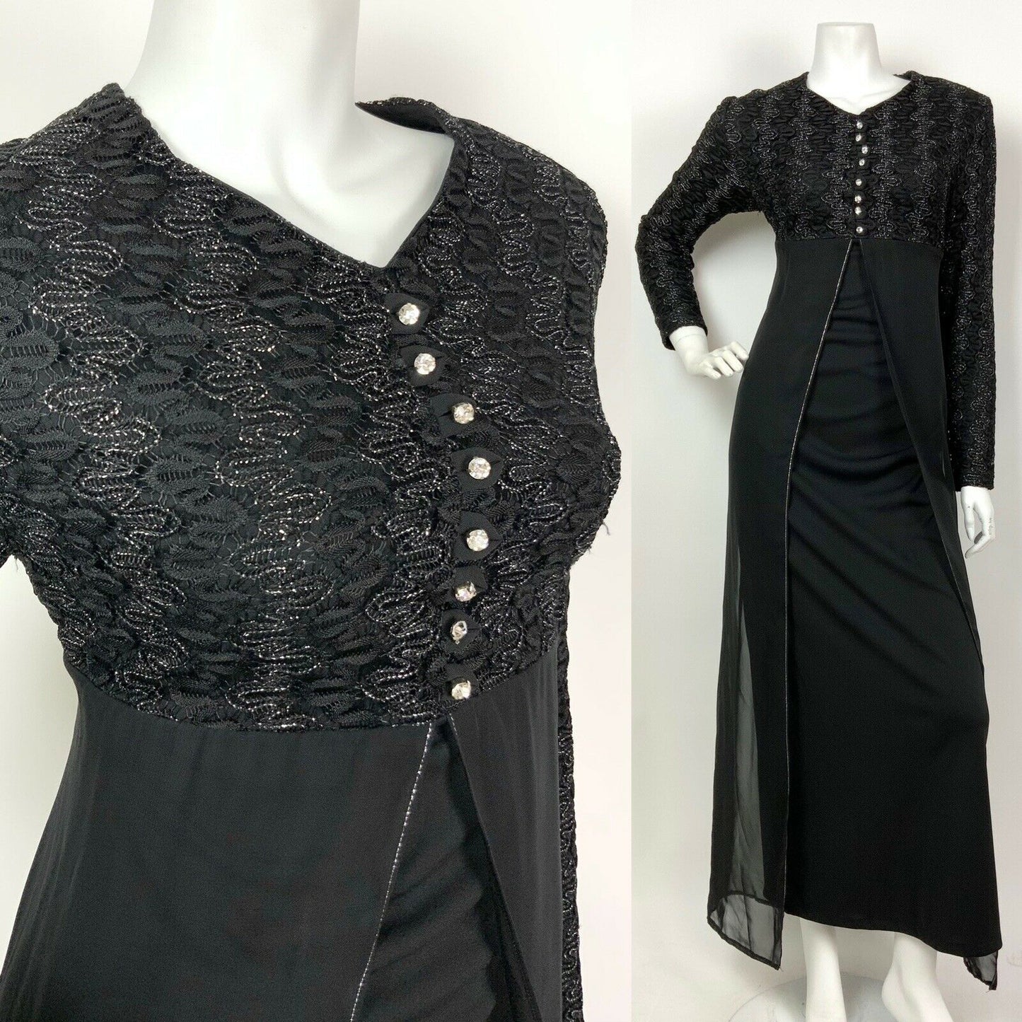 VINTAGE 60s 70s BLACK SILVER WAVY LACE DIAMANTE SHEER SPLIT MAXI DRESS 8 10