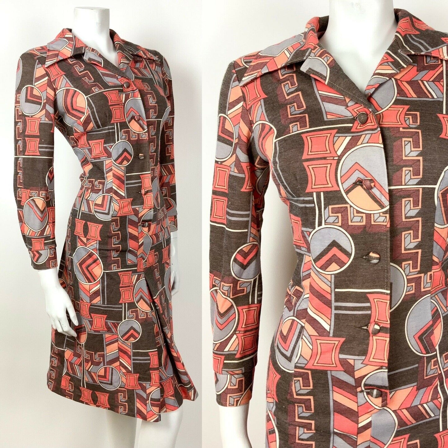 VINTAGE 60s 70s BROWN ORANGE GREY RED GEOMETRIC DAGGER SHIRT DRESS 10 12