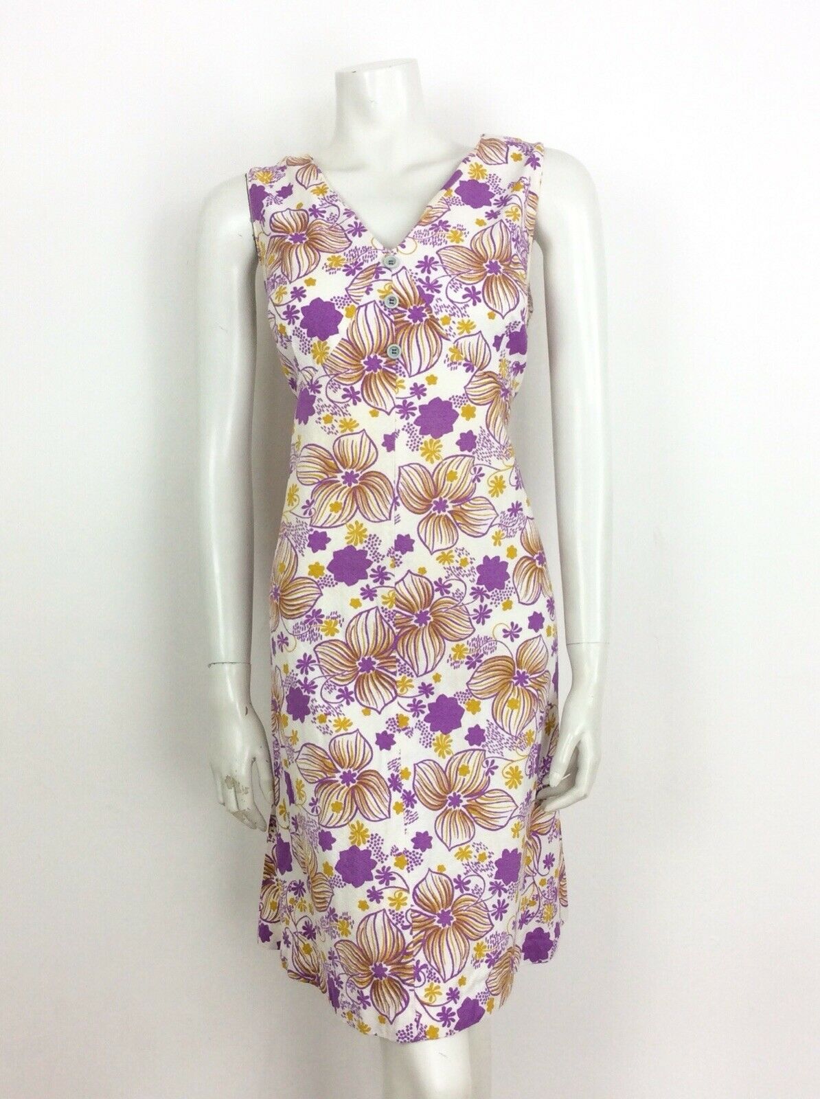 60S VINTAGE WHITE PURPLE TEXTURED PSYCHEDELIC FLORAL SLEEVELESS DRESS 16 18