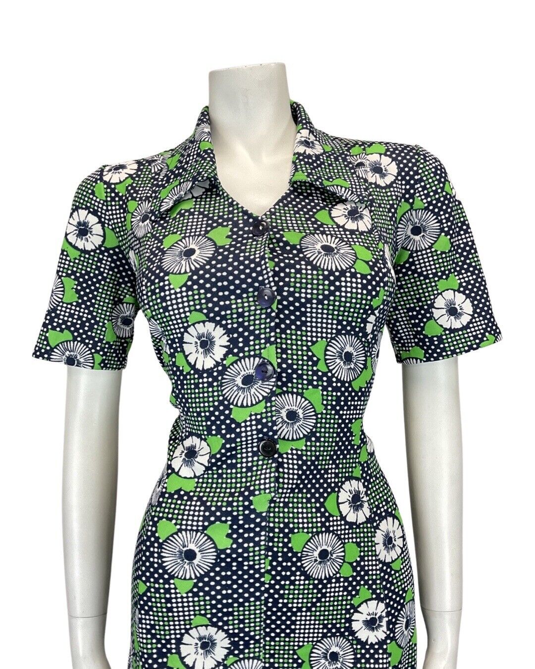 VINTAGE 60s 70s NAVY BLUE GREEN WHITE FLORAL DOTTY MOD SHIRT DRESS 12 14