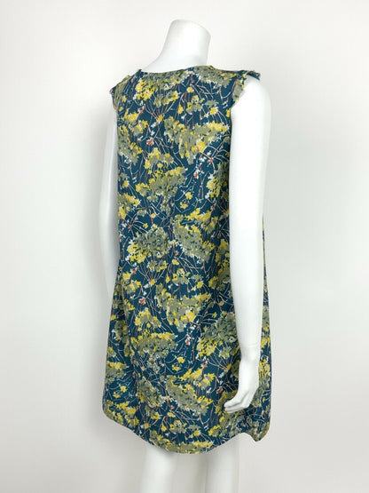 VTG 60s 70s ABSTRACT FLORAL BLUE YELLOW SILVER WHITE RUFFLE A-LINE DRESS 10 12