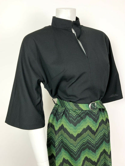 VINTAGE 60s 70s BLACK GREEN LIME ZIG-ZAG CHEVRON PIXEL BELTED MIDI DRESS 12 14