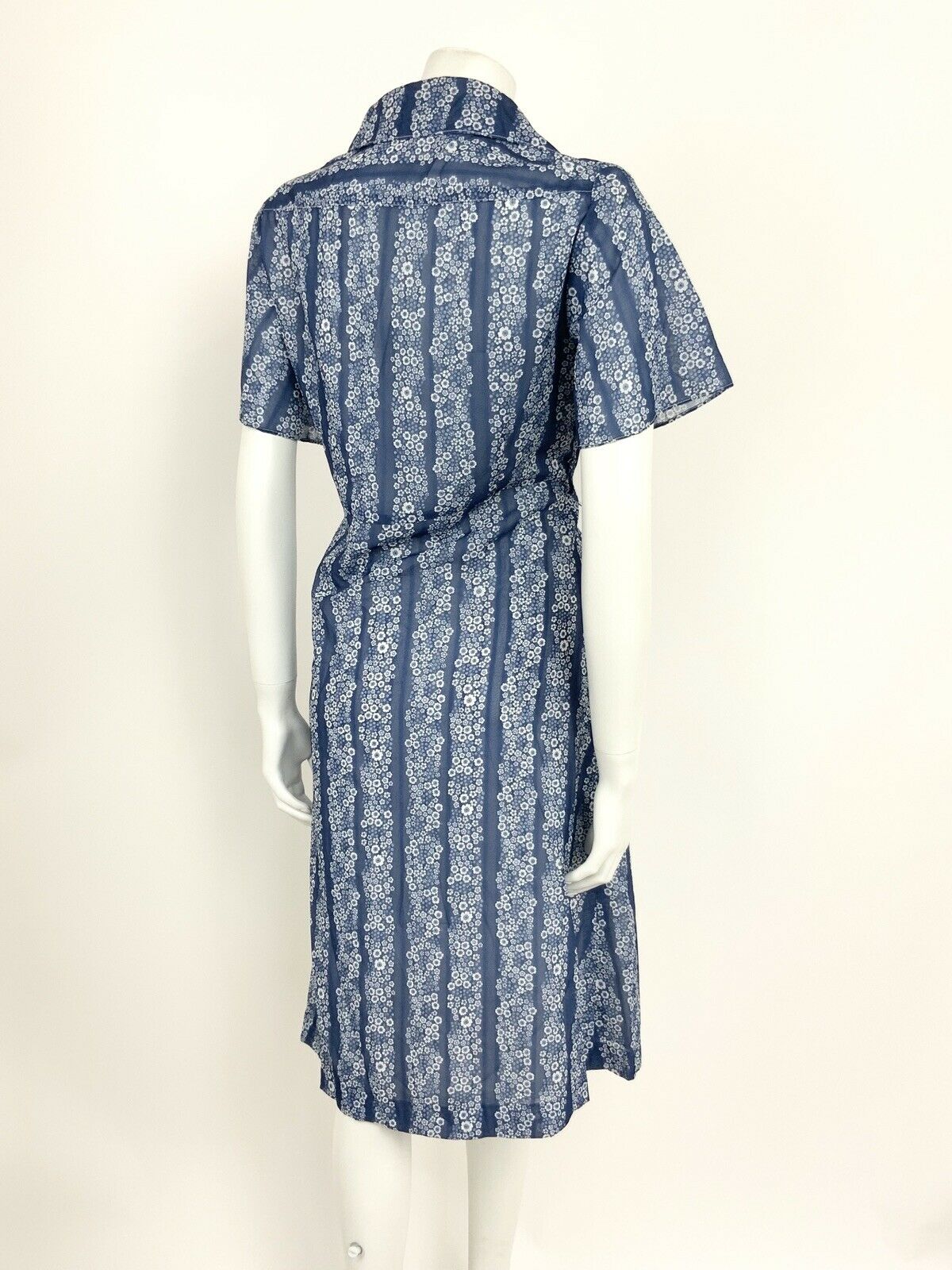 VTG 60s 70s BLUE WHITE STRIPED FLORAL DITSY SHIRT WAIST DAISY MOD DRESS 14