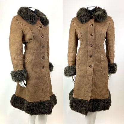 VTG 60s 70s DARK BROWN SHEARLING FUR SUEDE LEATHER BOHO MOD PRINCESS COAT 12 14