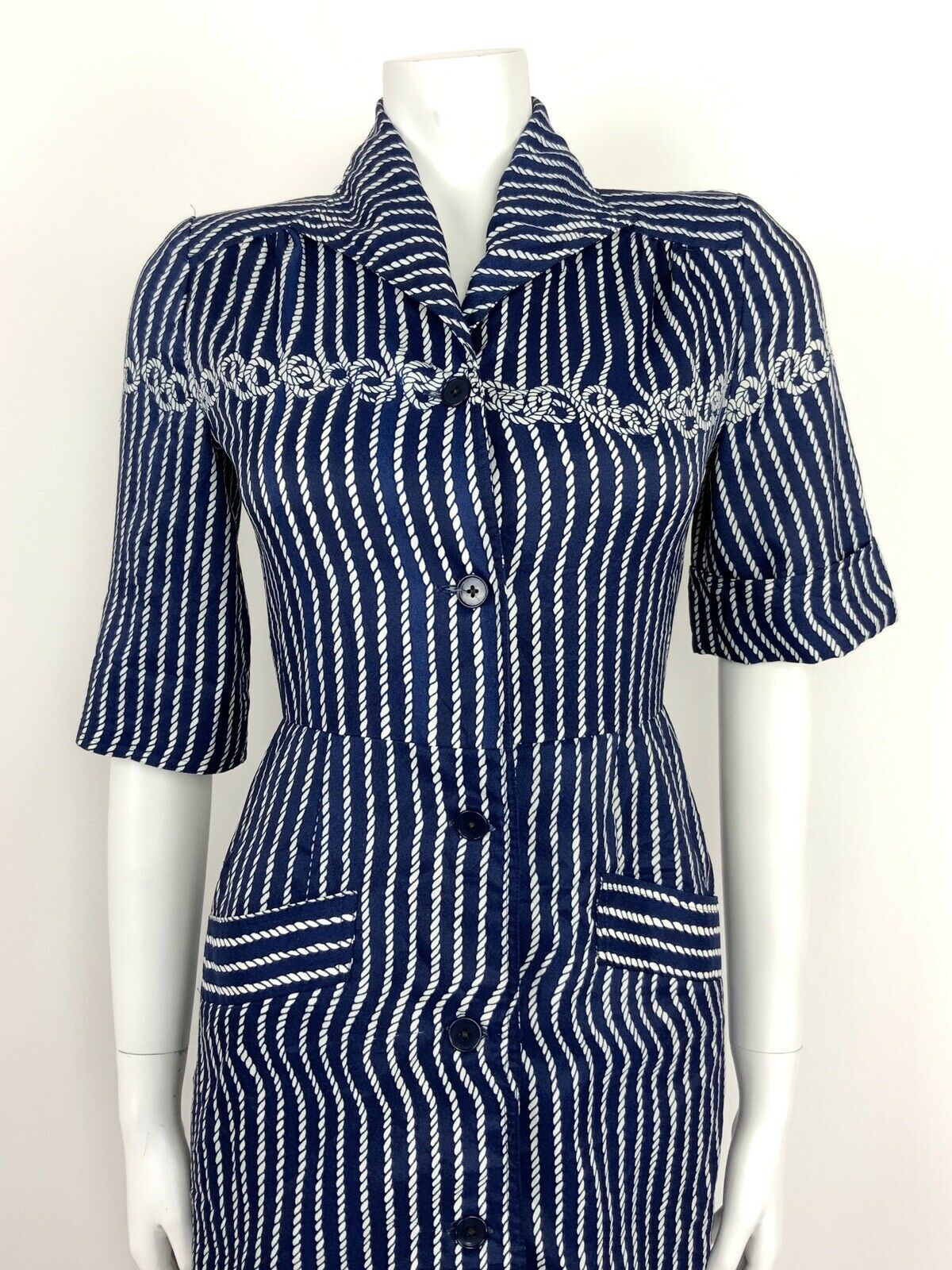 VINTAGE 60s 70s NAVY BLUE WHITE ROPE KNOT SHIRT WAIST DRESS 8 10