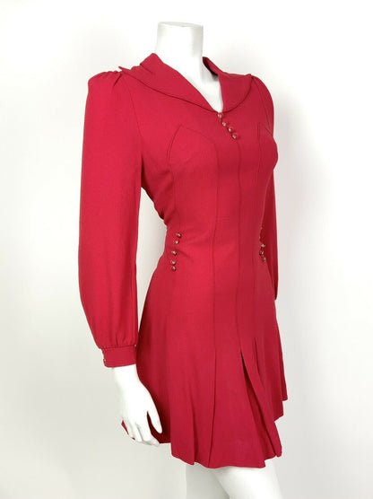 VINTAGE 60s 70s PILLARBOX RED WING COLLAR MOD MINI DRESS 8 10