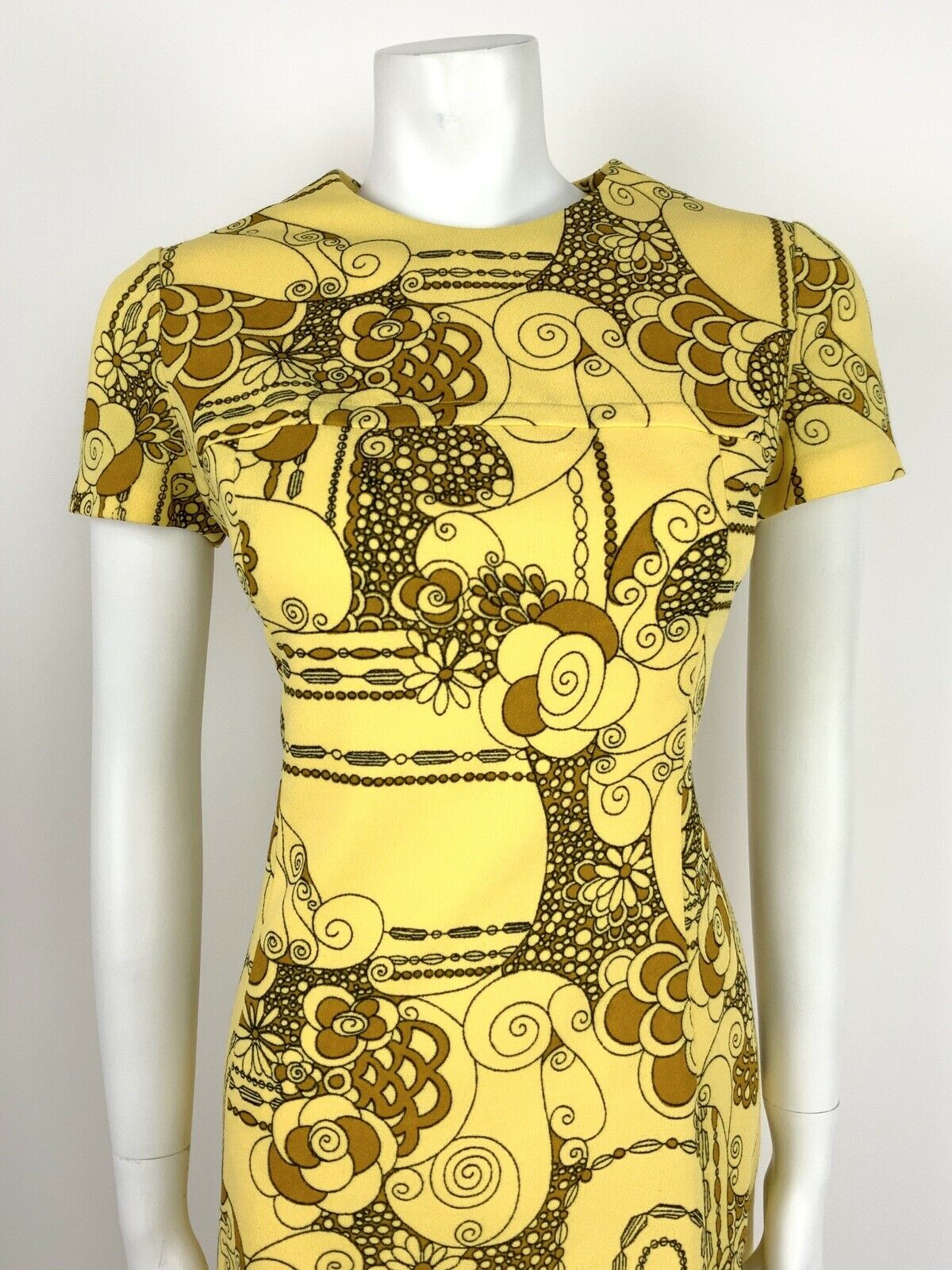 VTG 60s 70s PASTEL YELLOW BLACK BROWN ABSTRACT FLORAL SWIRL A-LINE DRESS 10 12