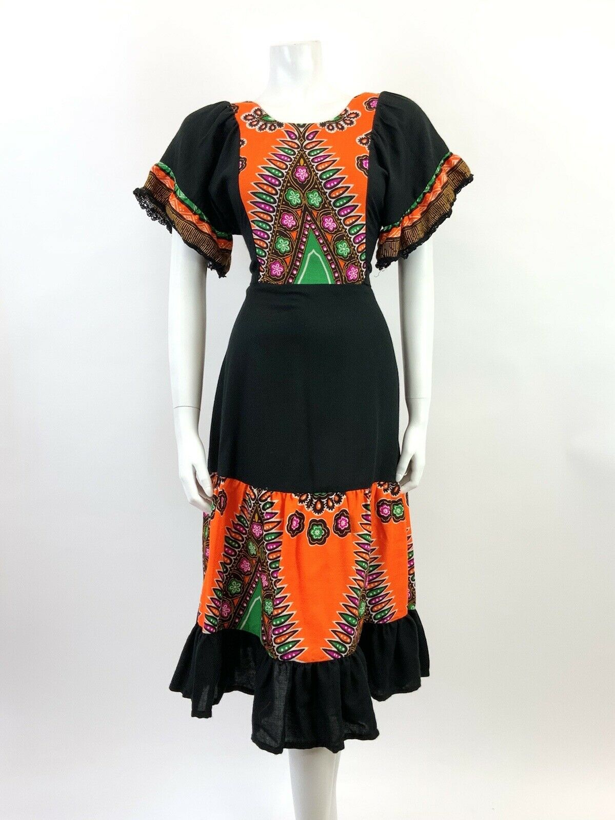 VINTAGE 60s 70s BLACK ORANGE GREEN FLORAL BOHO FOLK RUFFLED MIDI DRESS 12 14