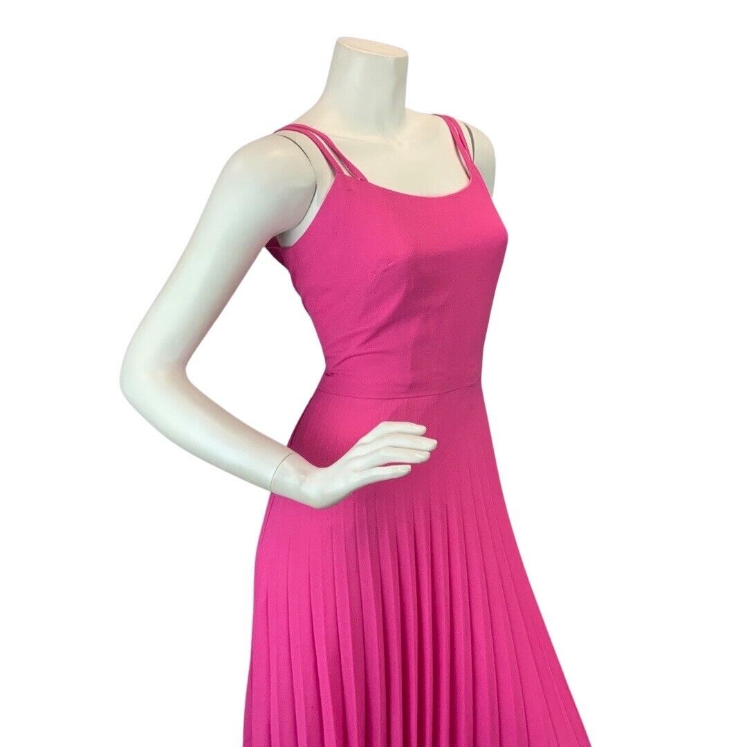 VINTAGE 60s 70s HOT BARBIE PINK STRAPPY MOD SLEEVELESS PLEATED MAXI DRESS 8