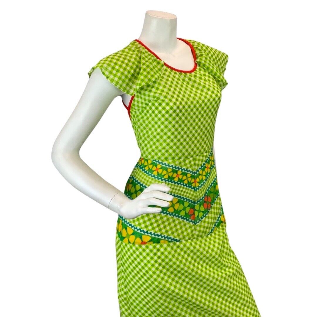 VINTAGE 60s 70s GREEN WHITE YELLOW GINGHAM FLORAL PRAIRIE FOLK MOD MAXI DRESS 6