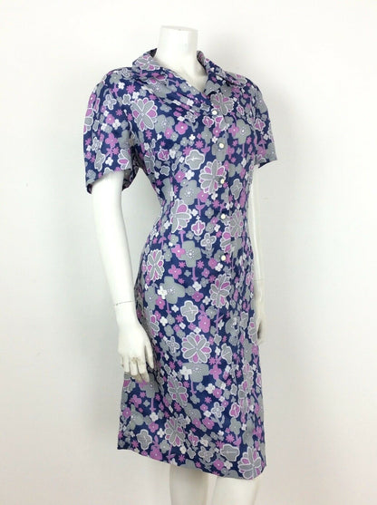 STUNNING VINTAGE 60S 70S PSYCHEDELIC BLUE PURPLE FLORAL TEA DRESS 16 18