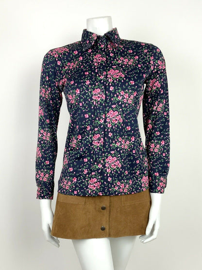 VINTAGE 60s 70s NAVY BLUE RED PINK GREEN DITSY FLORAL ROSE SHIRT 10 12