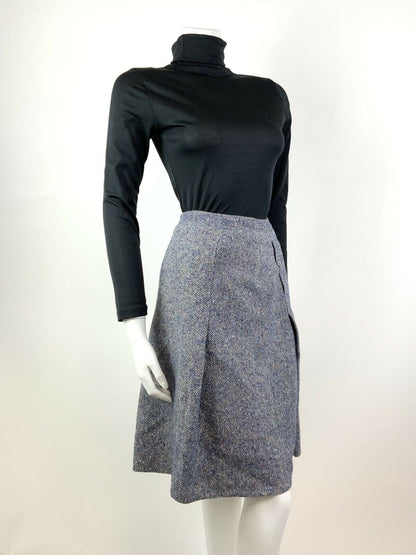 VINTAGE 60s 70s BLUE MULTI-COLOURED SPECKLED WOOL PLEATED CACHAREL SKIRT 6 8