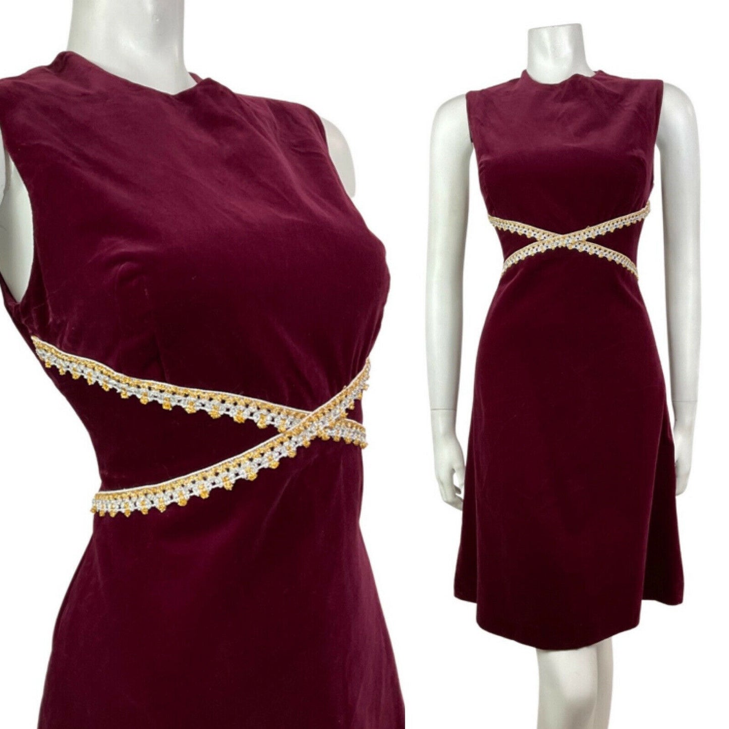 VINTAGE 60s 70s WINE RED SILVER GOLD VELVET SLEEVELESS PARTY GLAM DRESS 10