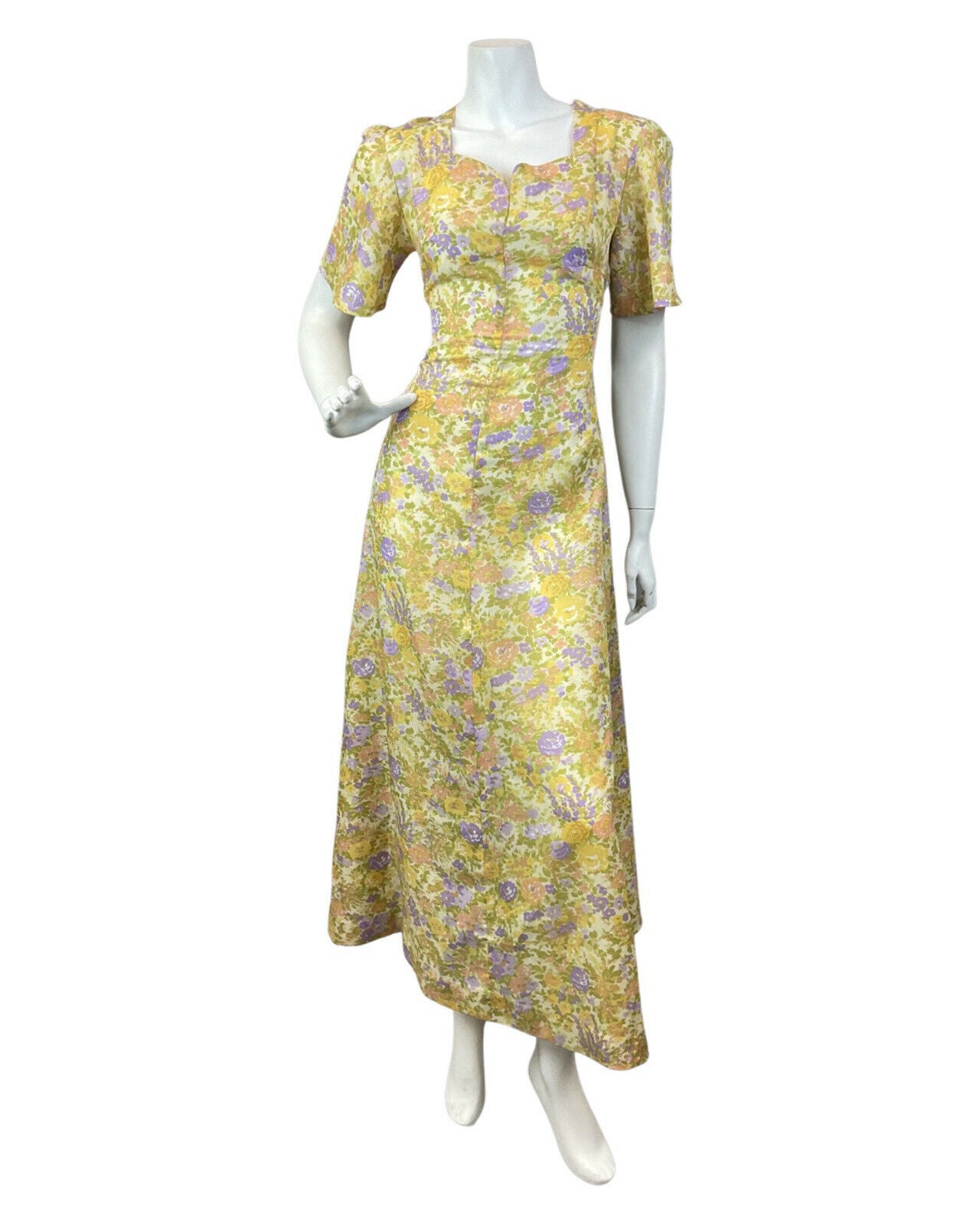 VINTAGE 60s 70s YELLOW GREEN LILAC GARDEN FLORAL DITSY SWEETHEART MAXI DRESS 10