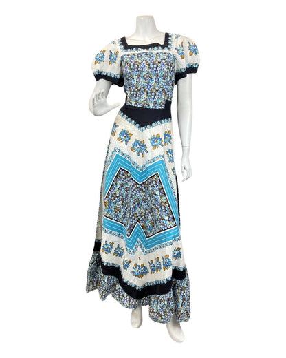 VINTAGE 60s 70s WHITE BLUE BLACK FLORAL BOHO PRAIRIE FOLK MAXI DRESS 10 12