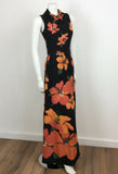 STUNNING VTG 60S 70S BLACK ORANGE RED PSYCHEDLIC FLOWER MAXI DRESS 10